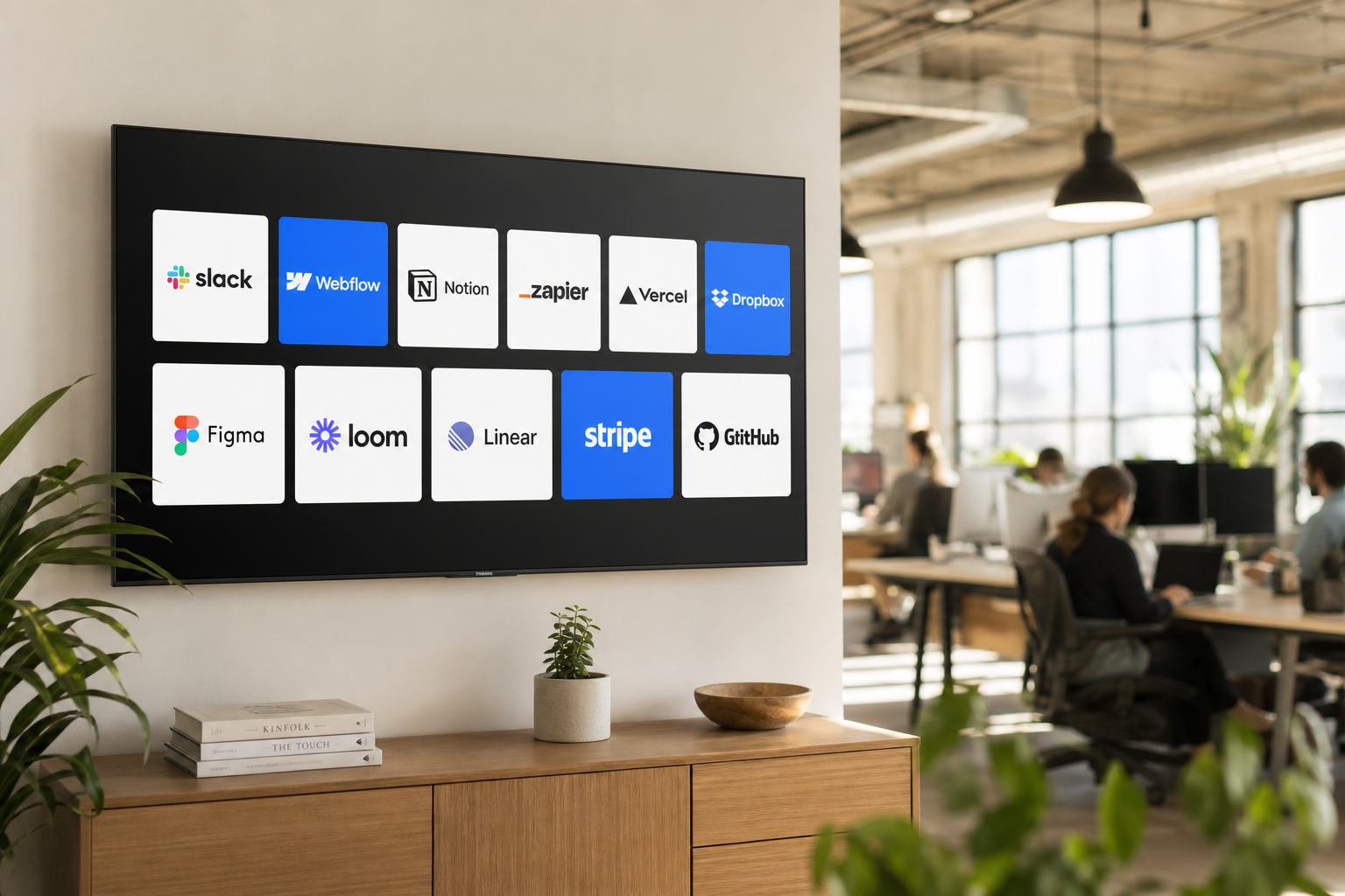 A screen on an office wall showing a grid of brand logo tiles