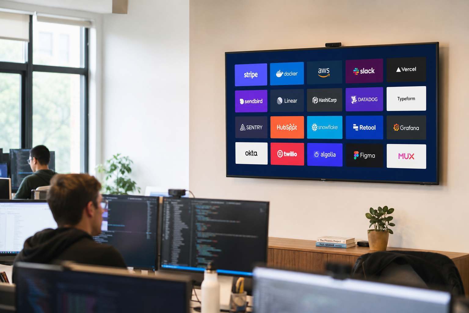 An office screen showing a grid of brand logo tiles